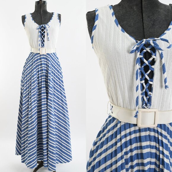 Vintage 1970s XS Blue White Corset Tie Bodice Sleeveless Maxi Dress - Picture 1 of 9